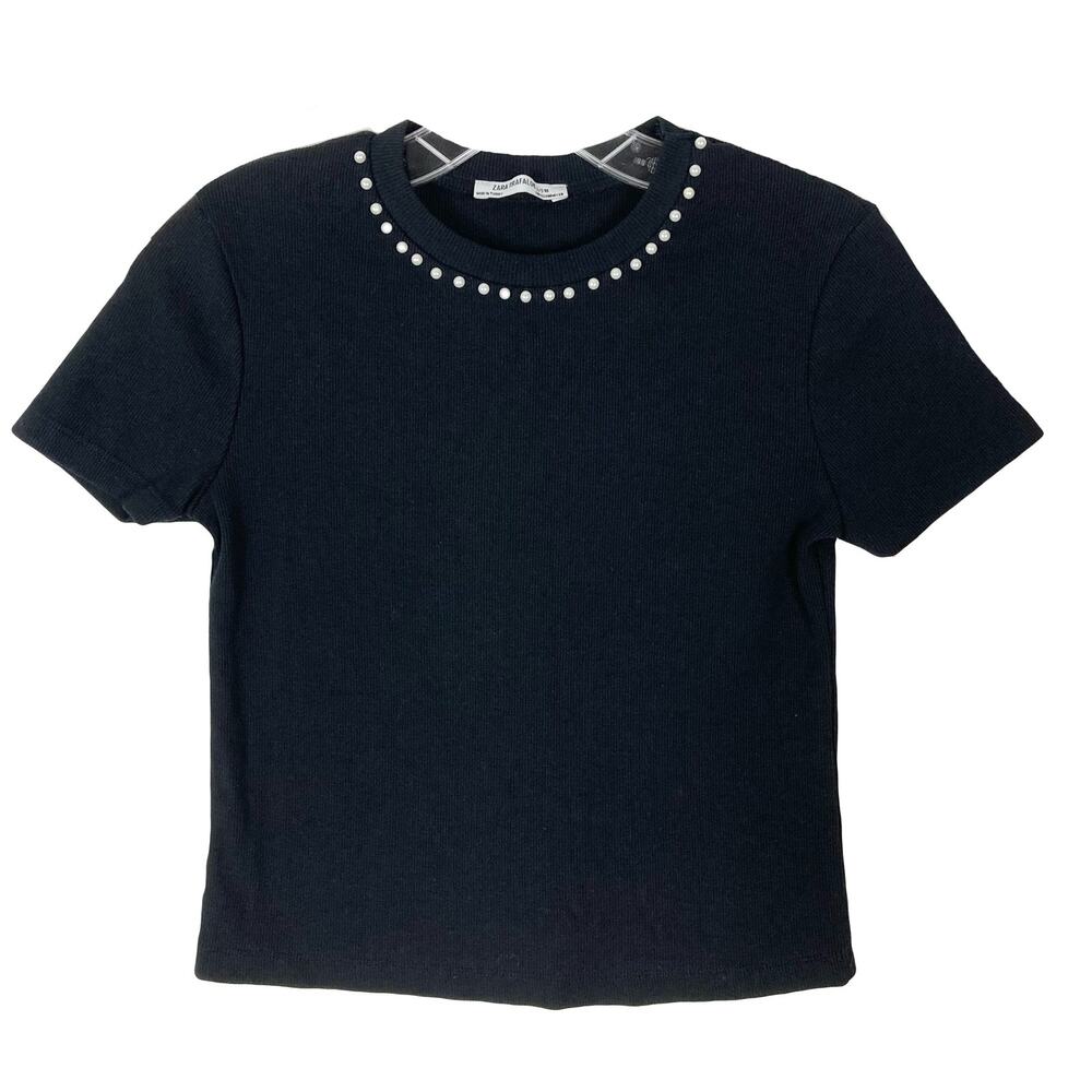 Nwot ZARA Blouse M Black Pearl-Studded Short-Sleeve Short-Sleeve